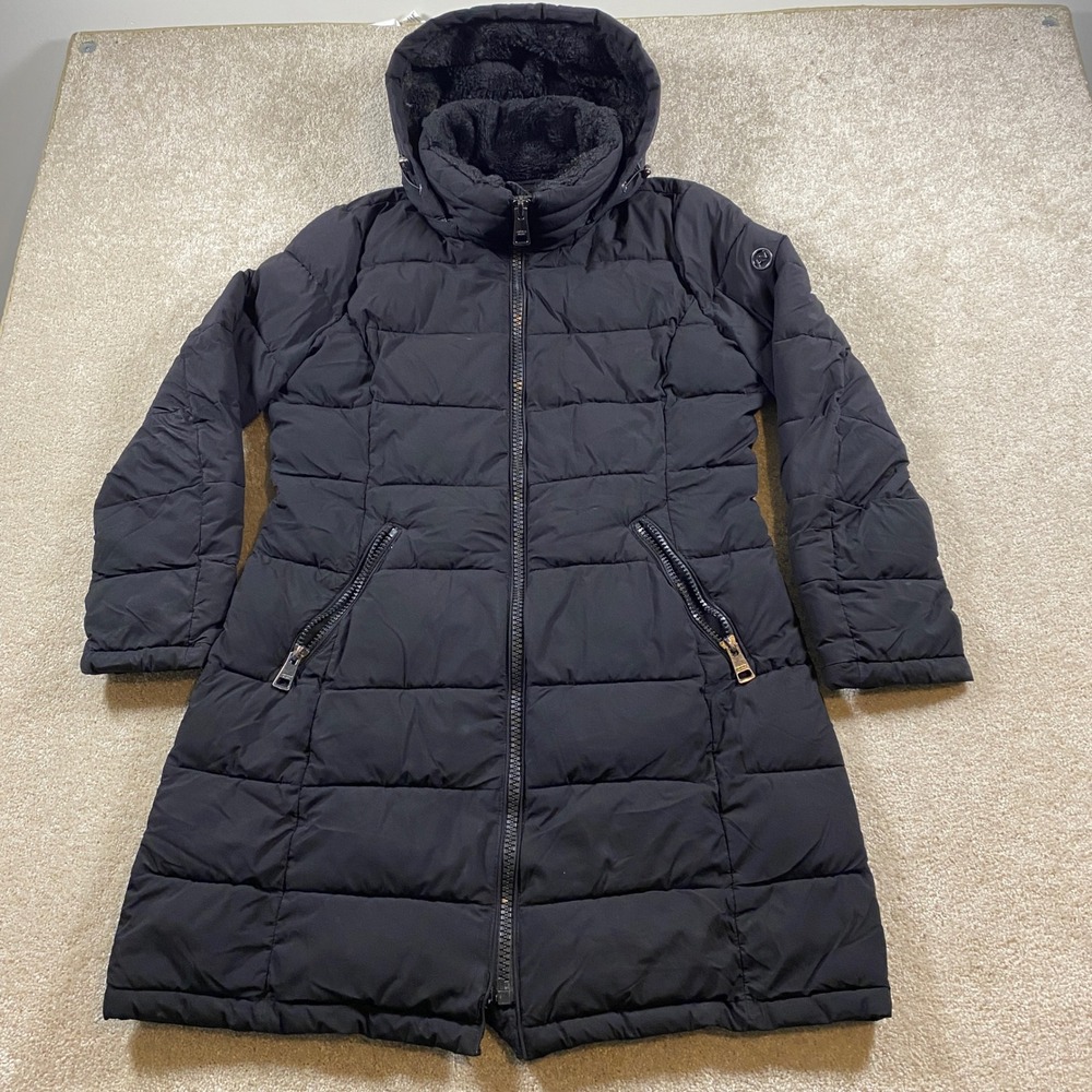Andrew Marc Puffer Coat Womens Medium Black Stretch Faux Fur Hood Quilted